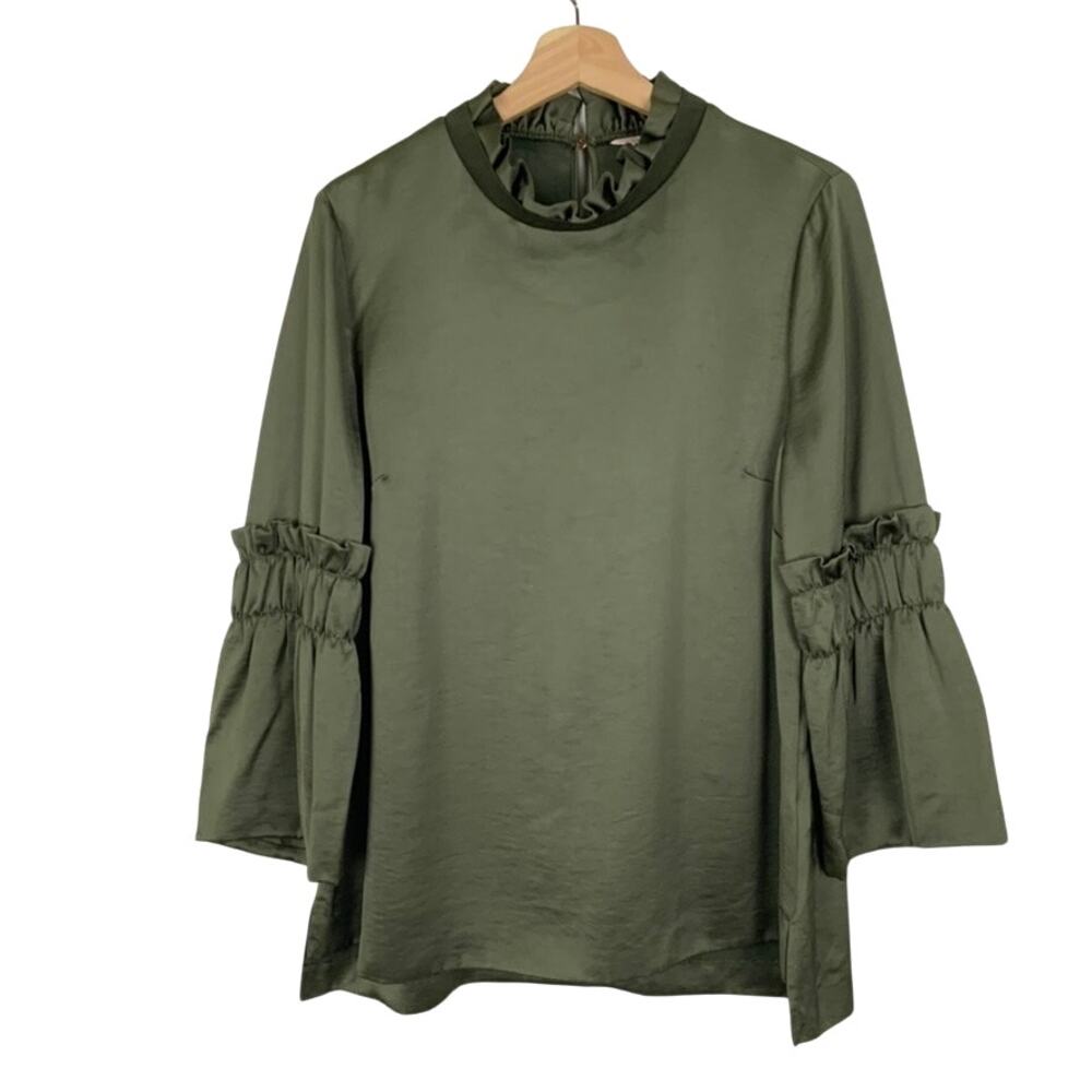 Ted Baker Myani Ruffle Hammered Satin Frill Trim Blouse Olive Women's Size 6
